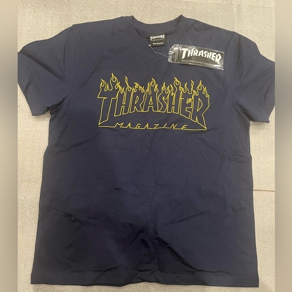 [S]Thrasher Navy T-Shirt with Yellow Logo - Picture 2 of 5